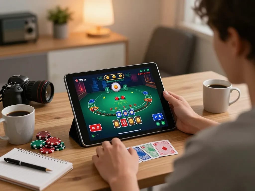 Player enjoying online blackjack on tablet in a cozy setting, engaging with sunwingo.