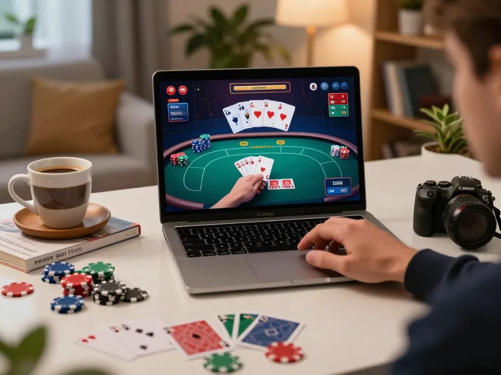 Experience five88 with strategic gameplay at home using a laptop and poker interface surrounded by gaming materials.