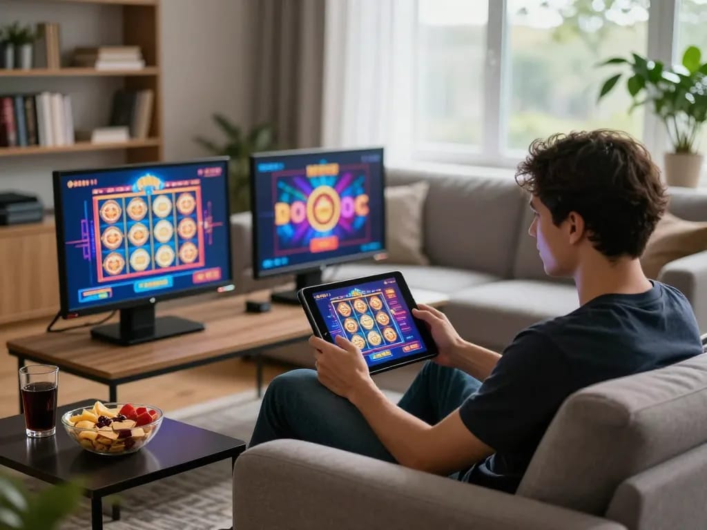 Enjoying an engaging online gaming session on thabete with colorful slots and cozy atmosphere