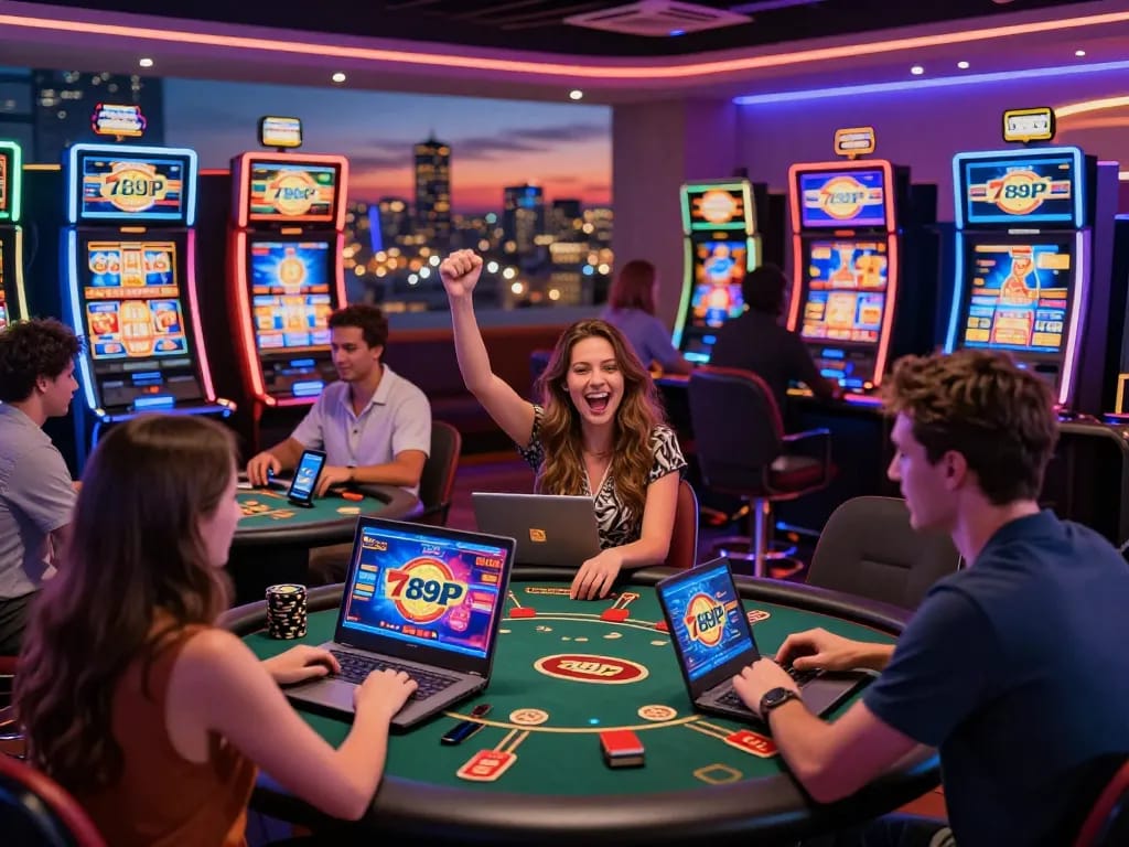 Players enjoying various games on the 789P online casino platform, vibrant atmosphere with neon colors.