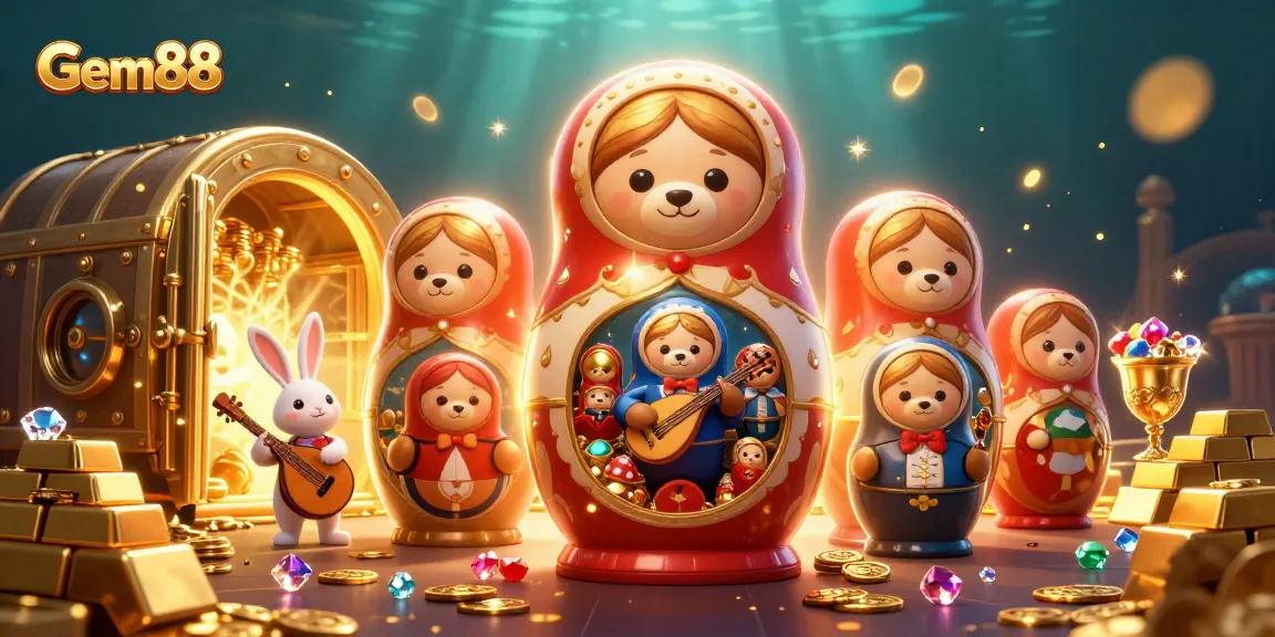 Explore Gem88's vibrant casino world with Matryoshka bears and treasure elements in a stunning 3D scene.