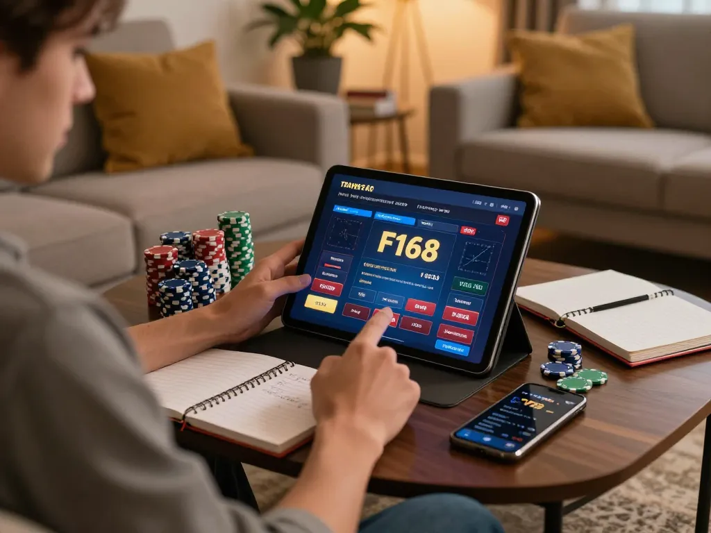Engaging online player at trang chủ F168 on tablet, emphasizing strategic gameplay in stylish home.