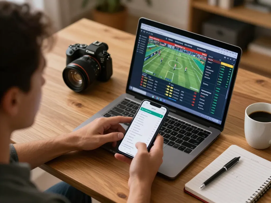Person using laptop and smartphone for online betting at https://net88.wtf/ with live sports odds displayed.