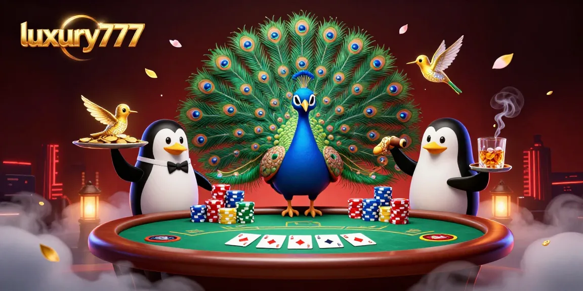Luxury777 illustration showing a peacock, butler penguin, and golden hummingbird at a lively poker table setting.