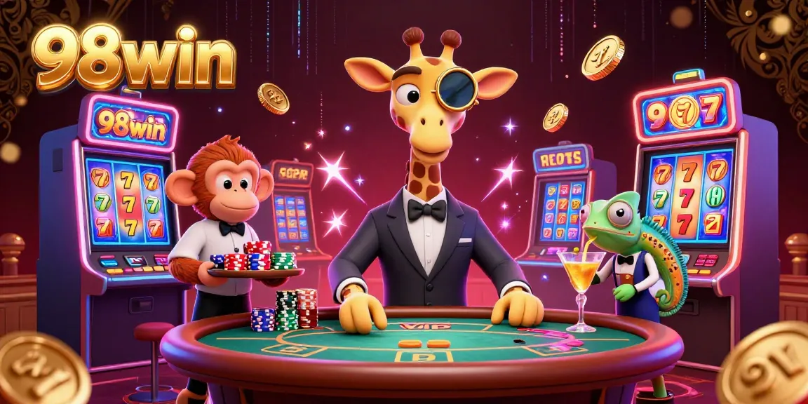 Experience exciting slots and jackpots at 98win with vibrant characters in a packed casino scene.