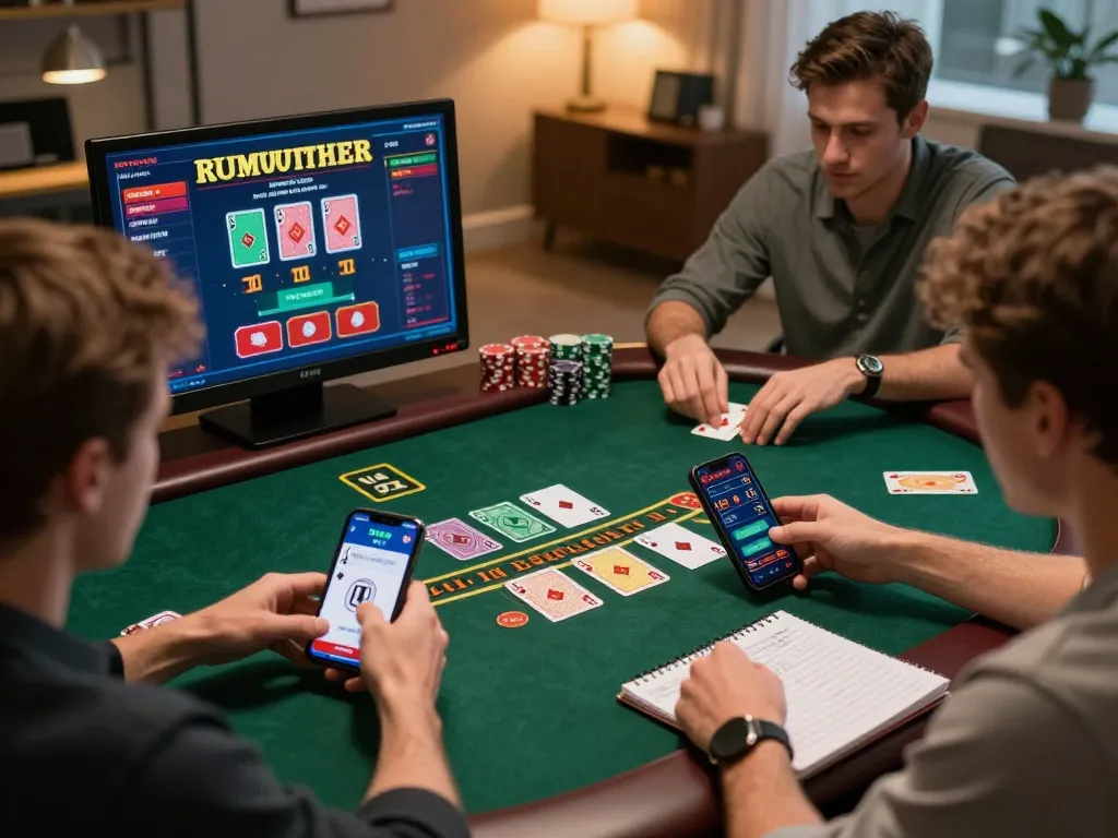 Engaging players interact with the 7me casino app while enjoying blackjack in a cozy home setting.