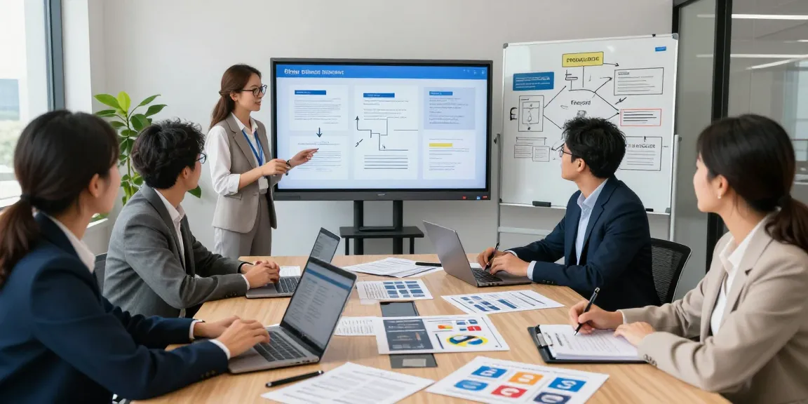 Interactive document fraud detection workshop with professionals discussing strategies and tools in a modern office.
