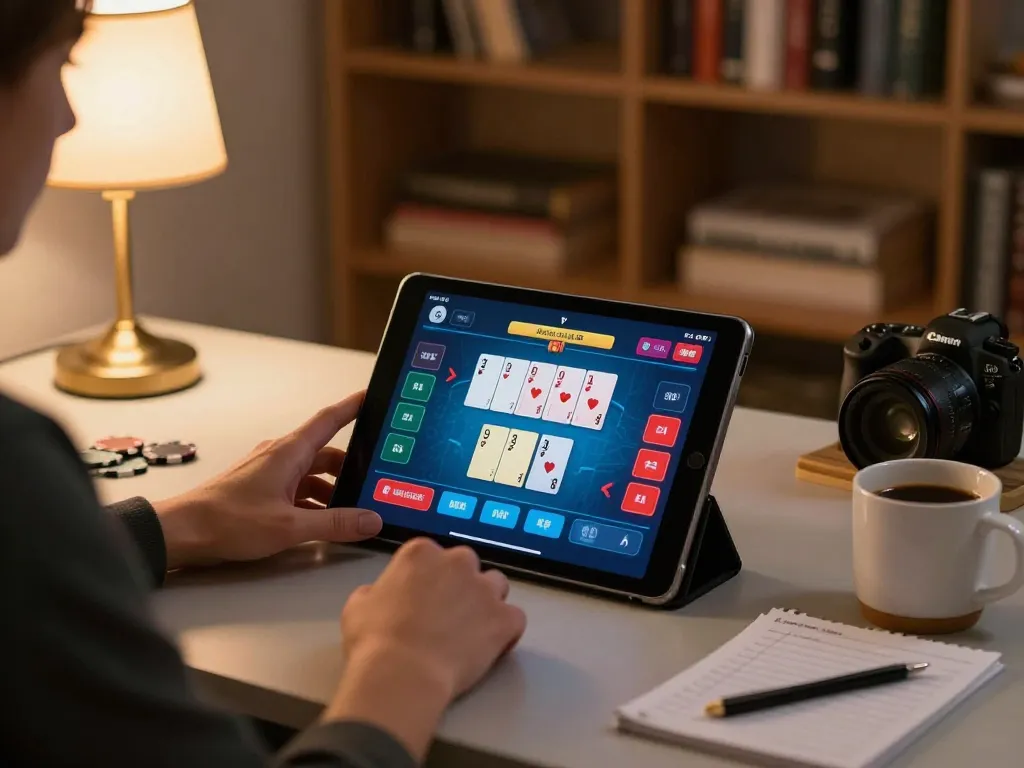 Engaging in online poker at home with okfun app, showing cards and strategy notes on the table.