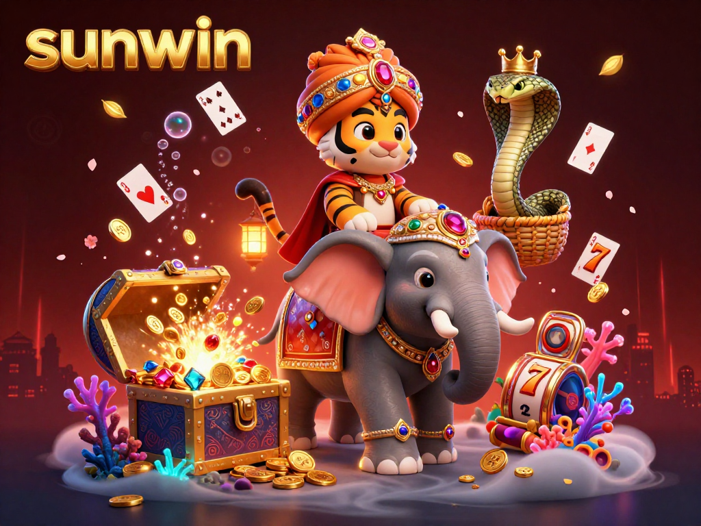 Spin the reels at sunwin with a vibrant scene showcasing an ornate maharaja tiger, jewels, and lively casino action.