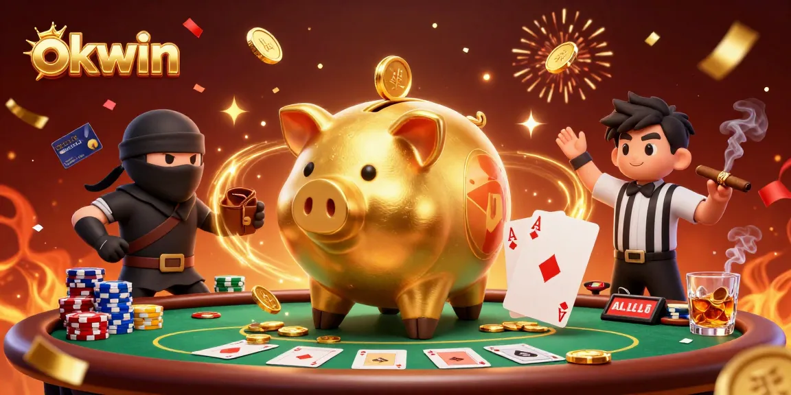 okwin celebrates with a giant piggy bank sumo wrestler pouring coins at a poker game.