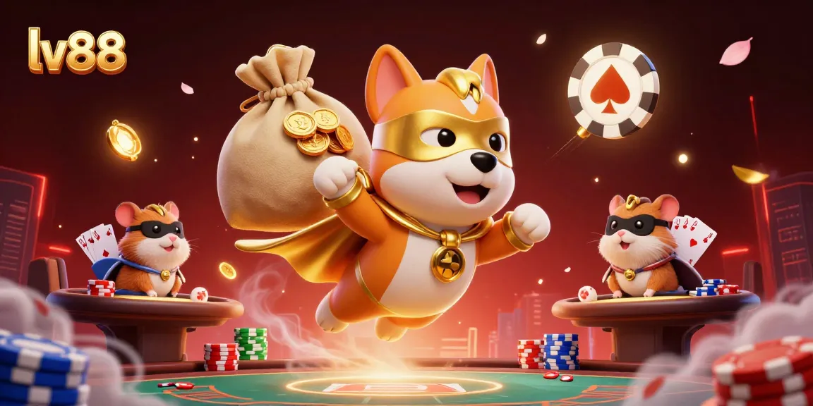 Engage in thrilling gameplay with lv88's cartoon superhero dog flying through cash and poker elements.