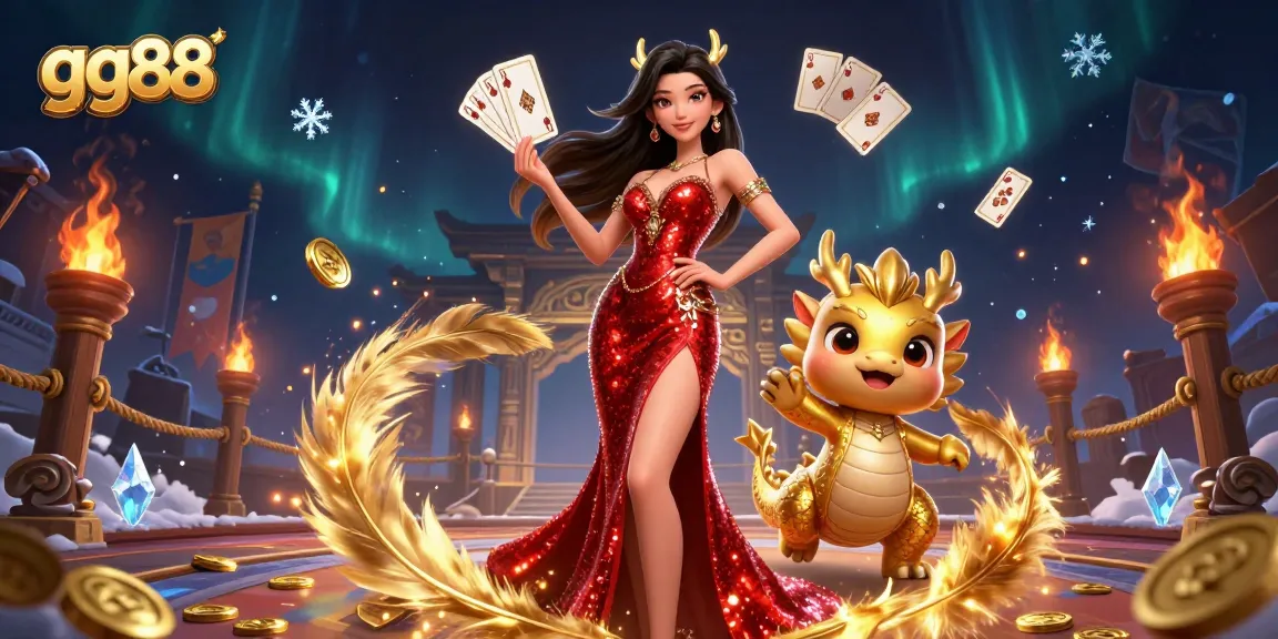 Experience thrilling wins at gg88 with a dazzling Asian woman and her golden dragon mascot amidst exciting casino elements.