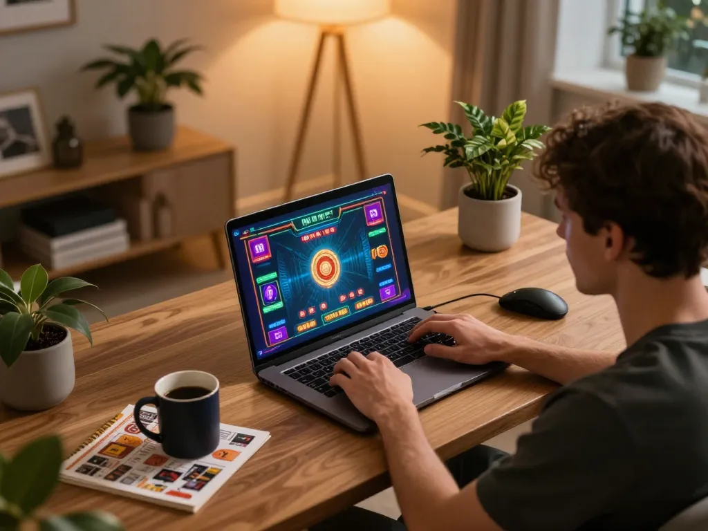 Player enjoying fun 79 online casino gaming on a laptop at home, showcasing dynamic game graphics.