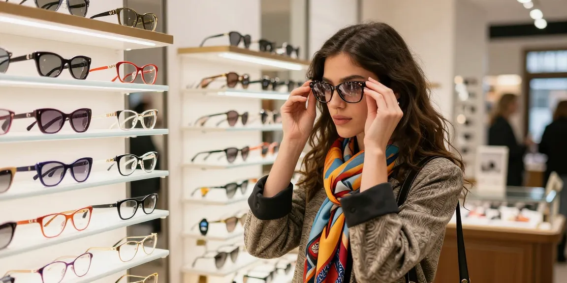 Mulher experimentando lentes de grau em loja de óculos com estilo.