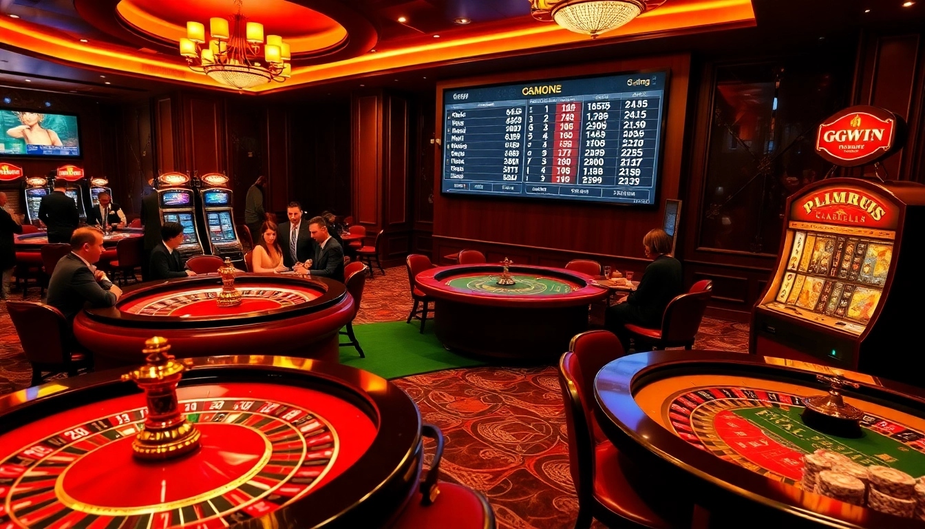 A vibrant gaming scene at nhà cái ggwin, showcasing roulette wheels and engaged players in a luxurious casino environment.