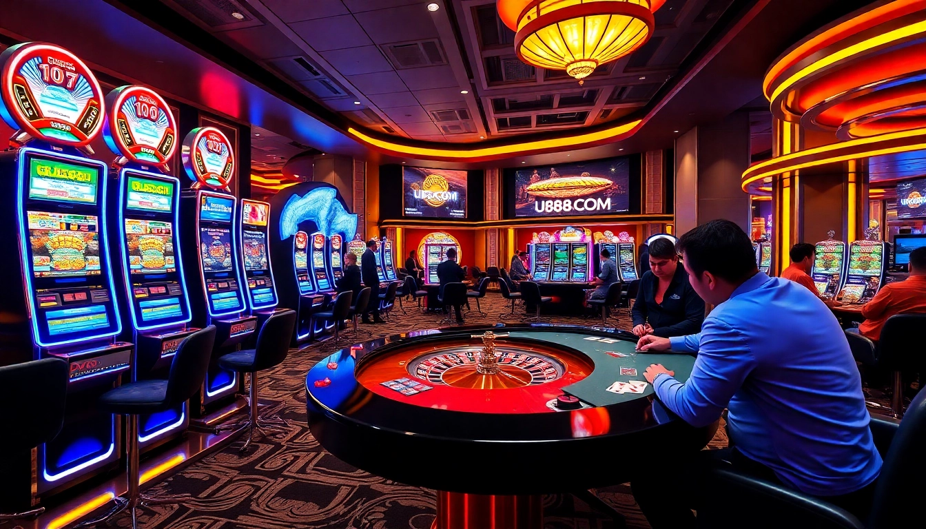 Experience thrilling gameplay at U888.COM inside a luxurious casino setting with vibrant slot machines and a stylish poker table.