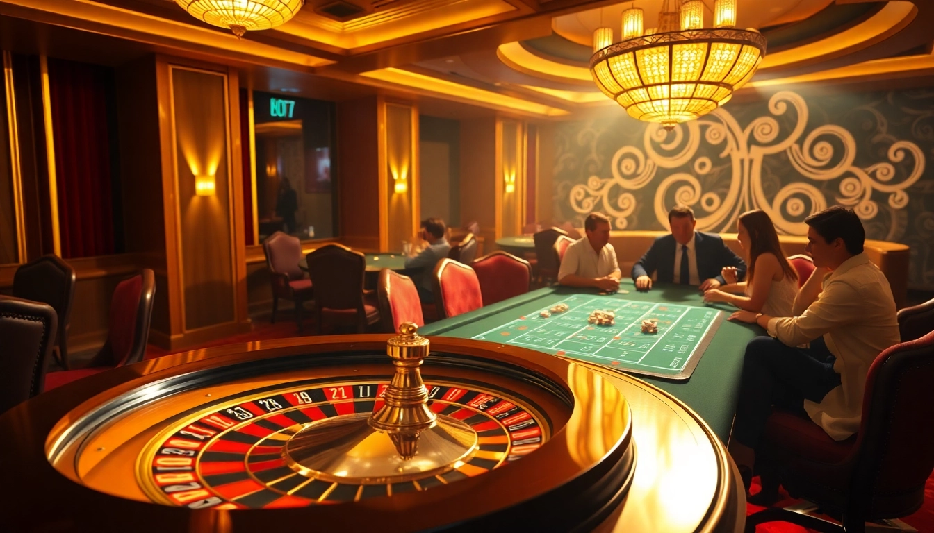 Experience the excitement of gambling with 'nohu' highlighted at the vibrant casino, showcasing roulette and card tables.