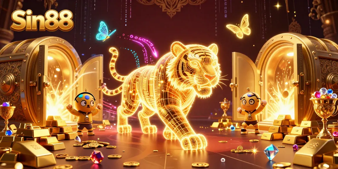 Experience the thrill of gambling with Sin88 in this digital casino landscape featuring a golden tiger.