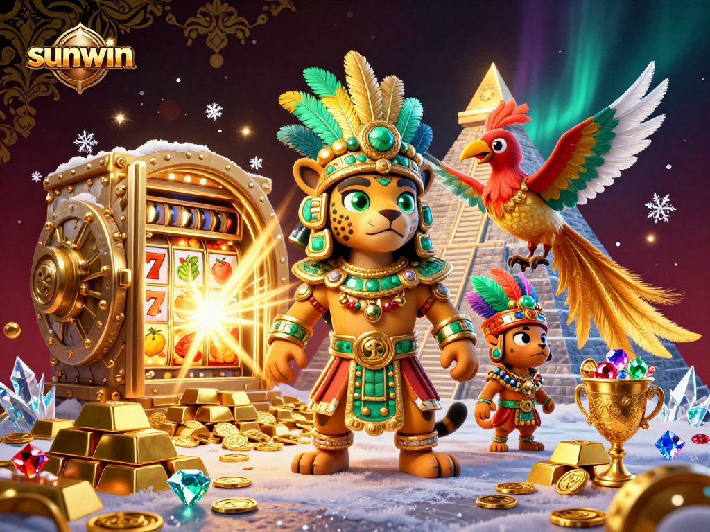 Experience thrilling slot gaming with sunwin's Mayan jaguar in a treasure-filled scene.