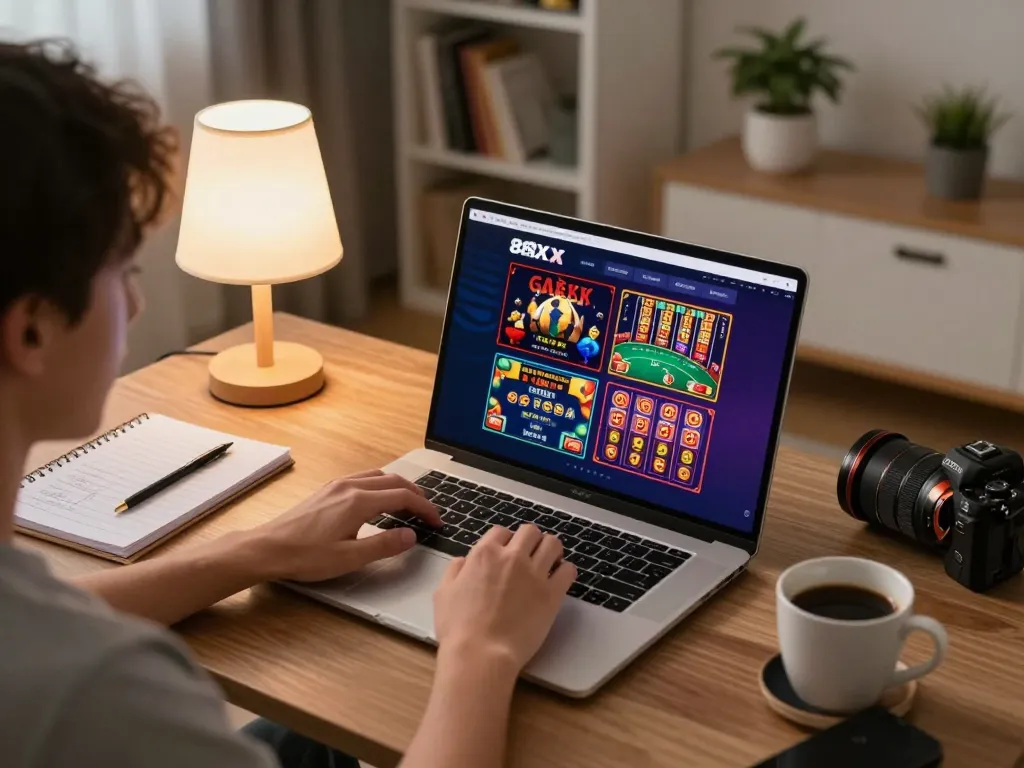 Engaging with nhà cái 88XX platform on a laptop in a cozy home setting for online gaming.