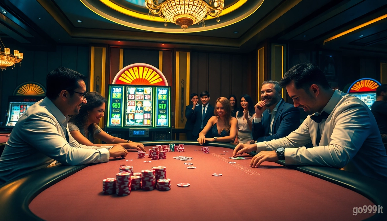 Experience thrilling bets at go999.it.com with enthusiastic players at a luxurious casino table.