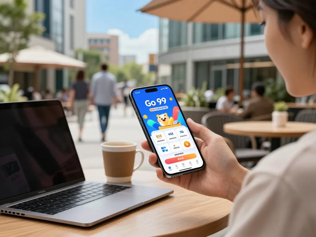 Engaging with Go 99 plan details on a smartphone at a café, with vibrant city atmosphere.