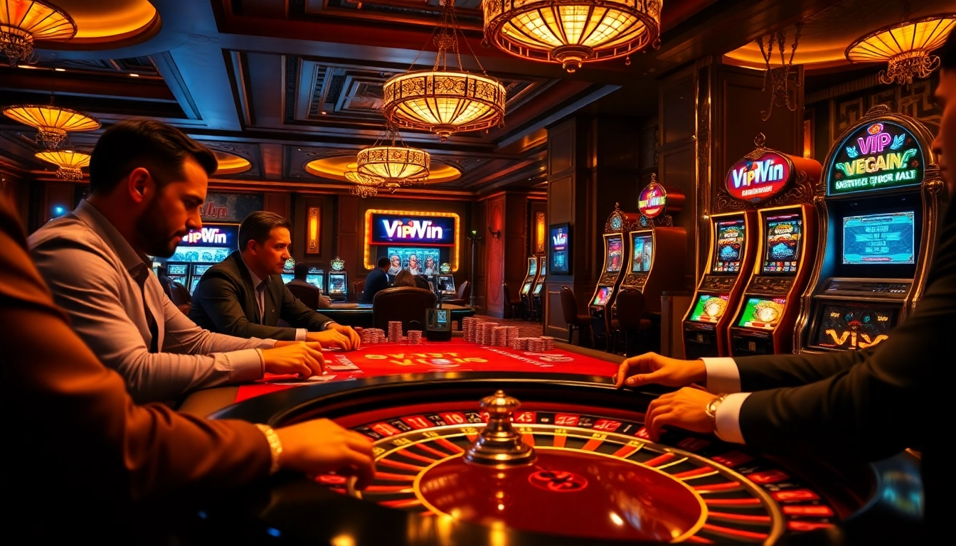Experience the thrill of high-stakes gambling at VIPWin with poker tables and vibrant slot machines.