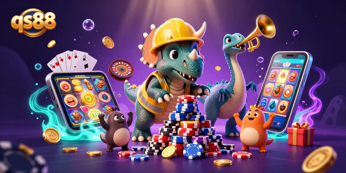 qs88 celebrates gaming excitement with a colorful triceratops building poker chip pyramid amidst vibrant casino elements.