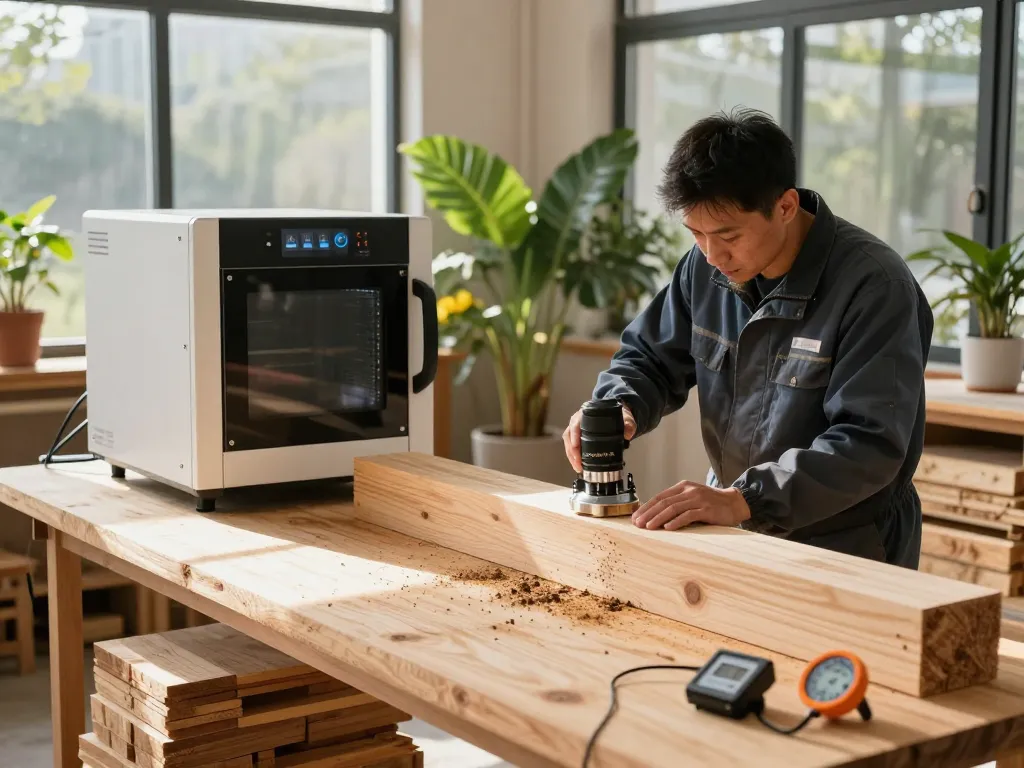 Tecnico che utilizza la tecnologia microonde antitarlo per eliminare i parassiti del legno in modo efficiente in un laboratorio illuminato da luce naturale