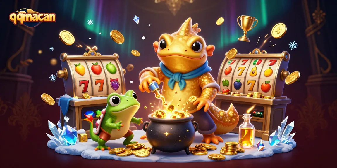 Experience immersive casino action with qqmacan's magical scene of golden characters and slot elements.