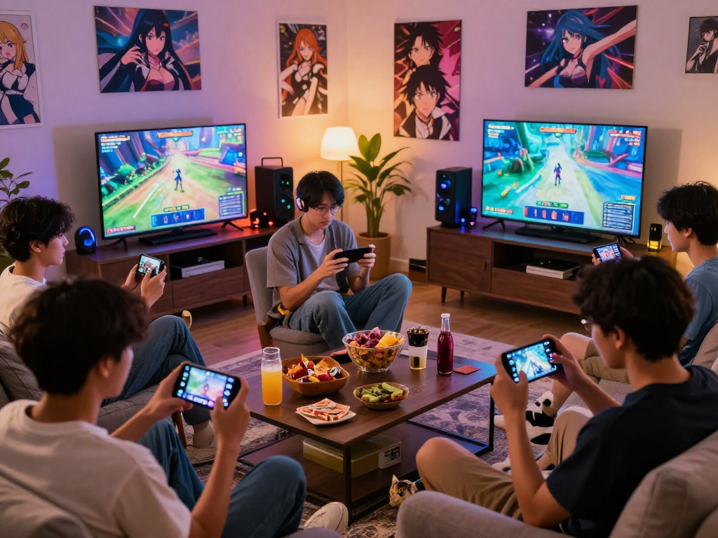 Players enjoying hentai games together in a cozy living room, highlighting community and fun.