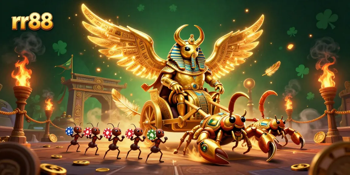 Action-packed rr88 casino scene featuring a golden scarab beetle and scorpions amidst swirling poker chips and betting tokens.