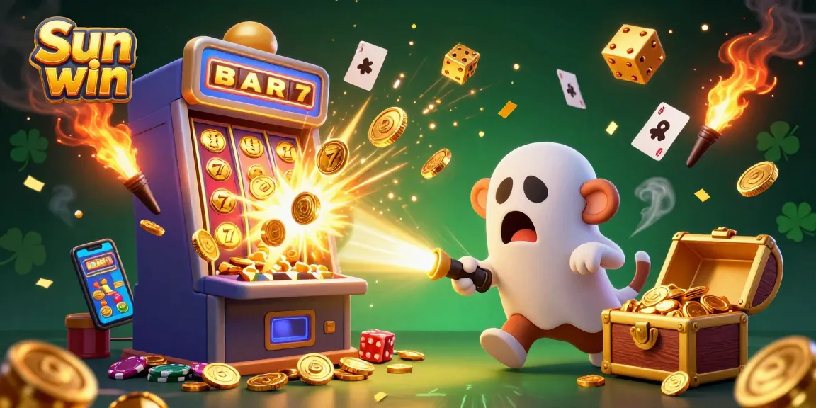 Sun win engages players with a vibrant casino scene, featuring a playful poltergeist monkey and a curious puppy in a dynamic setting.