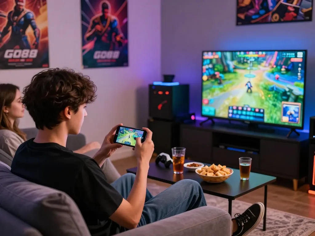 Engaging scene of young gamers enjoying tải go88 on smartphones with vibrant gaming atmosphere.