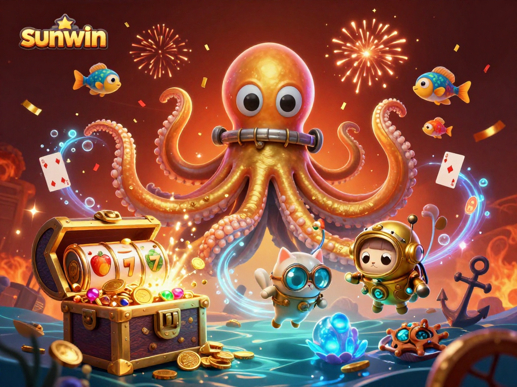 Discover sunwin's thrilling casino atmosphere with a kraken, diving cat, and vibrant game elements.