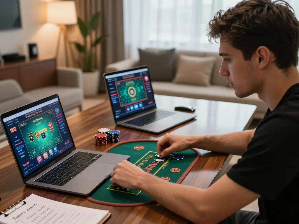 Engaged player enjoying dn88 online gambling strategy game at home setup with laptop and notes