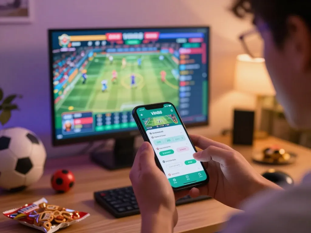 Person interacting with the Vin88 betting app on a smartphone, surrounded by sports memorabilia in a home setting