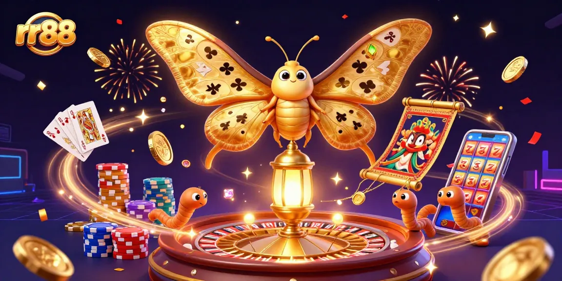 Engage in thrilling rr88 casino games with an enchanting scene of 3D moth and dazzling elements.