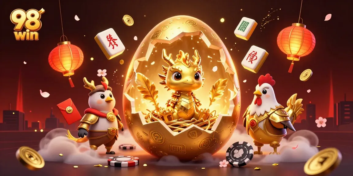 Experience the excitement of 98 win with a golden dragon amidst vibrant casino elements.