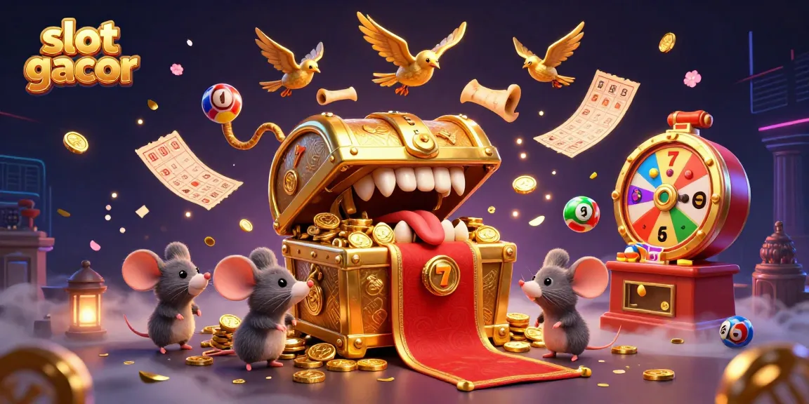 Experience the excitement of slot gacor with a vibrant illustration of a treasure chest and dynamic gaming elements.