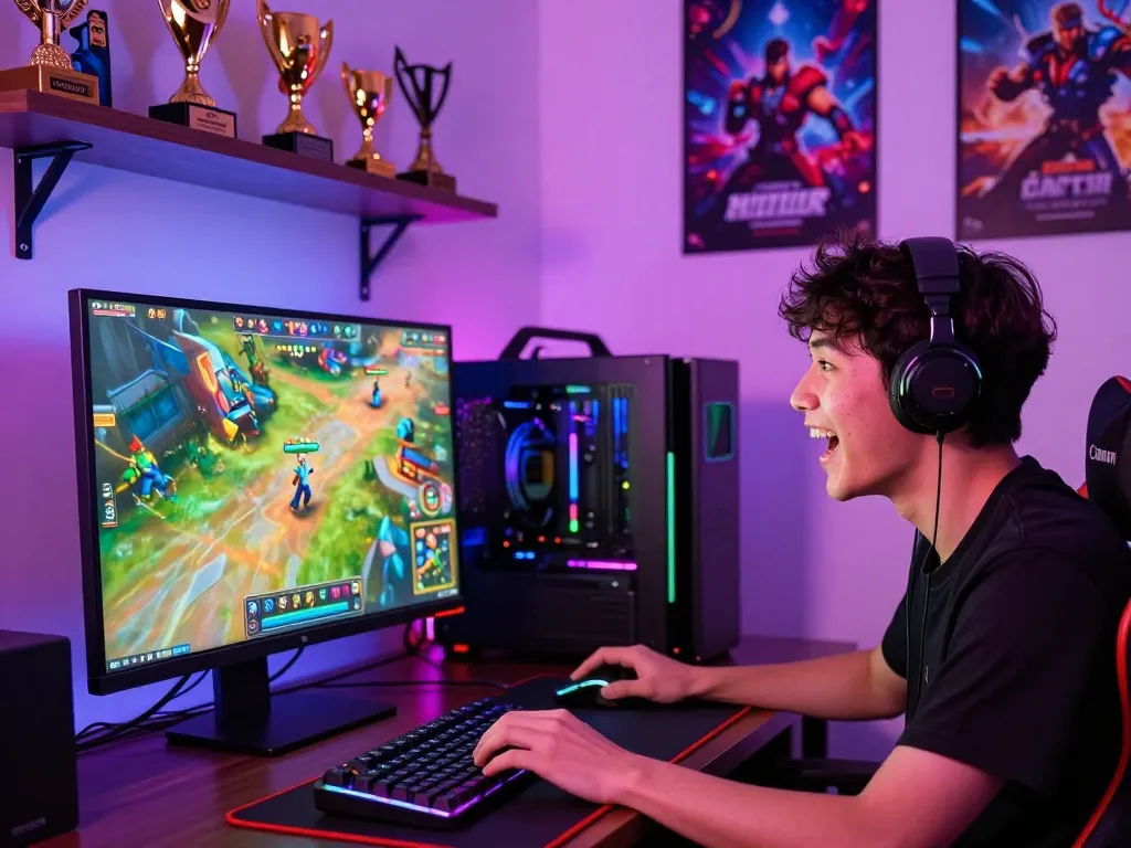 Exciting gaming scene featuring a player engaged in game nổ hũ with vibrant visuals and stylish setup.