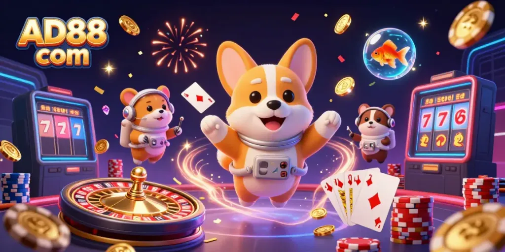 Experience the excitement of AD88 com with our fun, floating casino scene featuring playful characters.