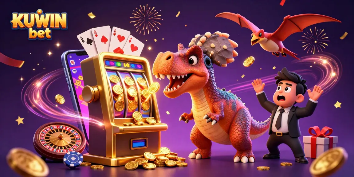 Join the fun with KUWIN bet as a pachycephalosaurus wins a jackpot, celebrating a lively casino scene!
