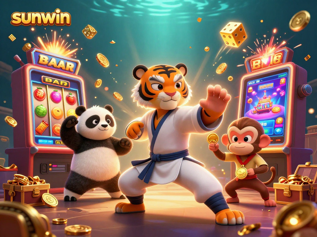 Experience sunwin excitement with a dynamic 3D casino scene featuring vibrant slots and animated characters.