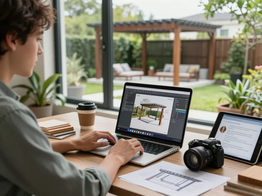 Spazio di lavoro creativo con software configuratore pergole aperto, che mostra il design della pergola, luce naturale e vista giardino.