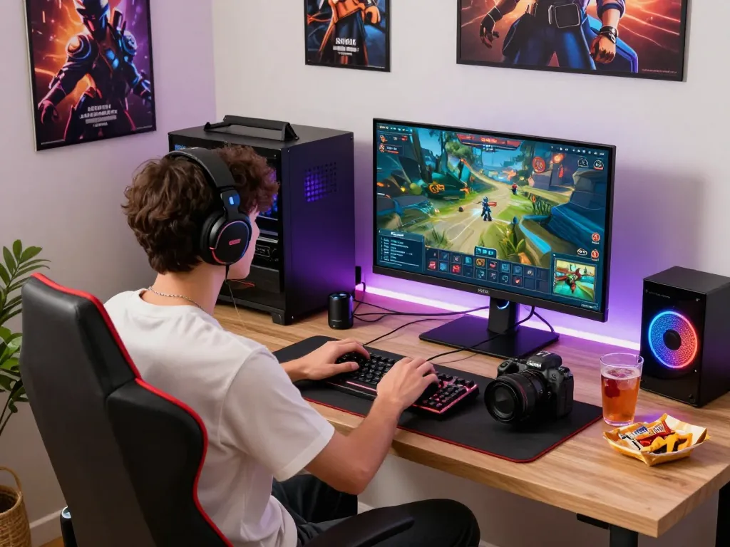 Engaging online gaming setup at home featuring https://rikviprent.com on screen, vibrant accessories, and cozy atmosphere.