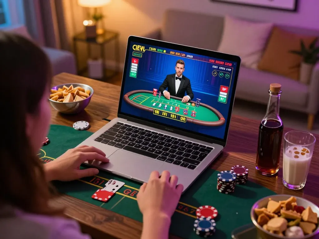 Player enjoying 98win online blackjack game at home with cozy setup and snacks.