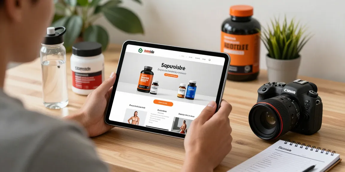 Steroide Boutique website displayed on a tablet while browsing anabolic products in a modern home office environment.