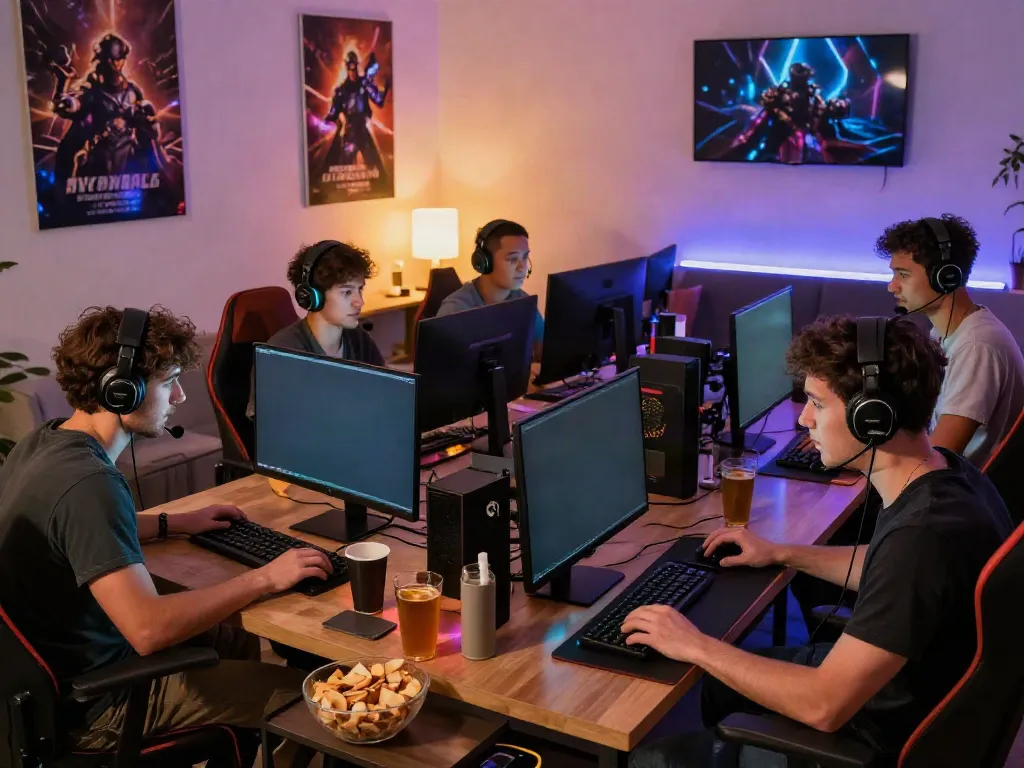 Rokok88 login scene with gamers sharing an engaging session in a cozy room.