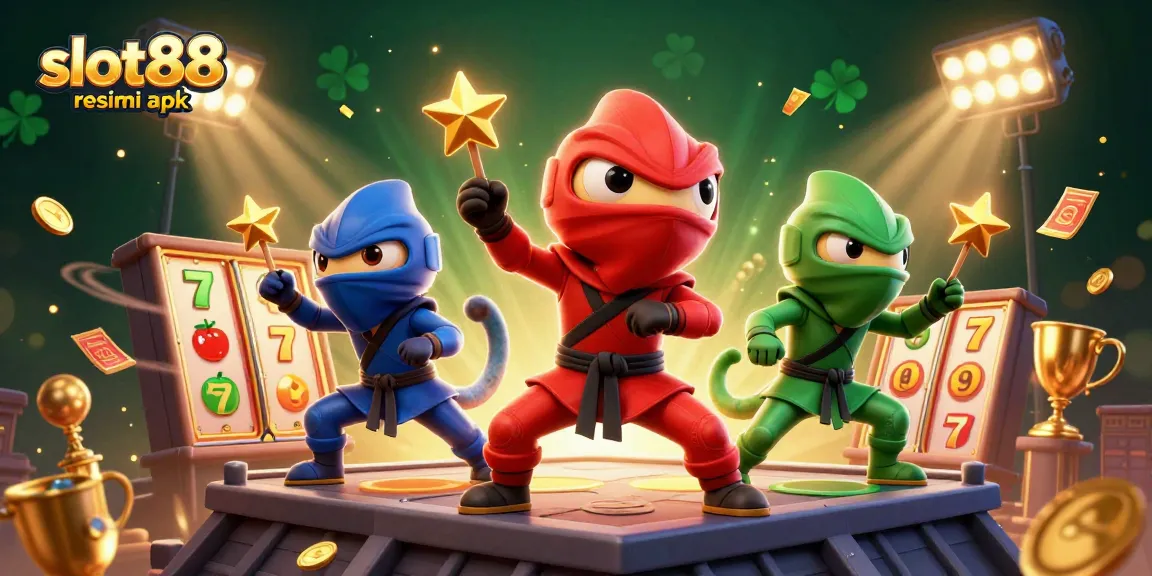 Engage with slot88 resmi apk features in a vibrant 3D casino illustration showcasing ninja chameleons
